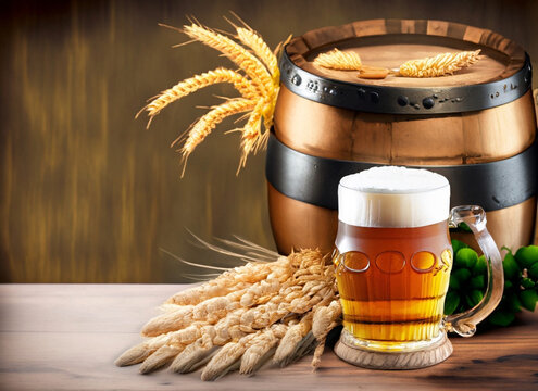 Bavarian background with beer, pretzel, grains, wooden table, beer barrel, Oktoberfest
