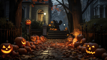 Halloween pumpkins and decorations outside a house.