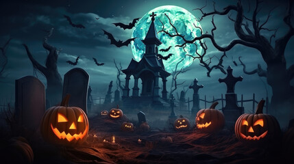 Pumpkin zombie rising out of a graveyard cemetery and church In spooky scary dark night full moon bats on tree. 2023 halloween concept. 