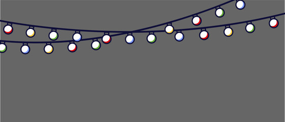  Colored holiday lights. Christmas background color light bulbs.  Line art. Light bulbs garland for Christmas holiday cards, banners, footer, header, menu. Vector illustration. Isolation on white 