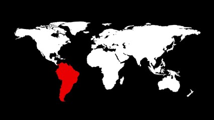 Fototapeta na wymiar World map with red South America. Whole world map on black background. Infographic design. Business or travel concept. Virus infection. 3D animation