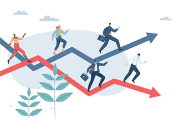 Business competition concept, Competition among employees or competitors to win or increase efficiency. Businessman and women running on arrow graph. Vector design illustration.