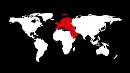 World map with red Europe. World map on black background. Infographic design. Business or travel concept. Virus infection. 3D animation