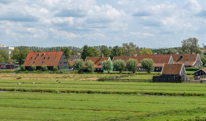 Many classical country houses among fields. Zaanse Schans, Zaandam, Holland