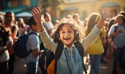 Fototapeta premium Student children arriving happily at school to study and play during Children's Day celebrations.