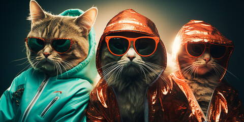 Portrait of Three Cats in Hoodies and Sunglasses: The Ultimate Feline Swag Concept. Surreal  models