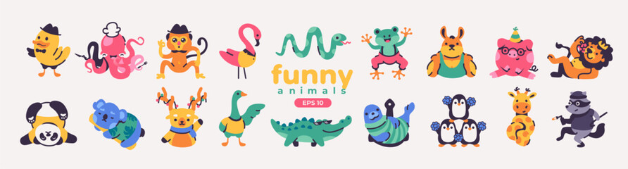 Cute cartoon animals set. Vector illustration eps10. Funny colorful characters. Different emotions. Simple flat design. Stickers. Monkey, lion, panda, pig, frog, hare, raccoon, koala, seal. Isolated.