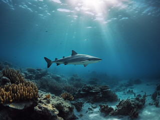 Fototapeta na wymiar Shark Swimming Under Water Coral Reefs Marine Life Creatures Nature Animal Conservation Ecology Ecosystem Ecofriendly Endangered Species Ultra Wide Shot