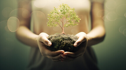 Nurturing Growth: Hands Holding a Pile of Soil Sprouting a Tree, Concept of Ecology and Sustainability