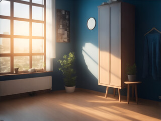 A room in blue colors with a large window and wooden furniture. AI Generated