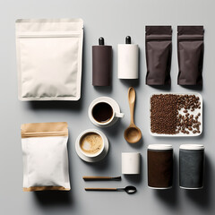 Set of coffee bag photoshop mockup for a coffee house brand with white foil coffee bag, brown bag, spilled coffee beans, coffee cups, coffee mig, coffee glass, packaging design mockup - obrazy, fototapety, plakaty