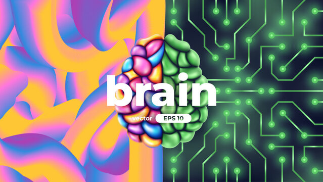 Human brain. Left and right cerebral hemispheres, two parts concept. Creative part and logic, analytical part. Sciences and art. 3d template. Vibrant colors. Microchip. Vector illustration eps10.