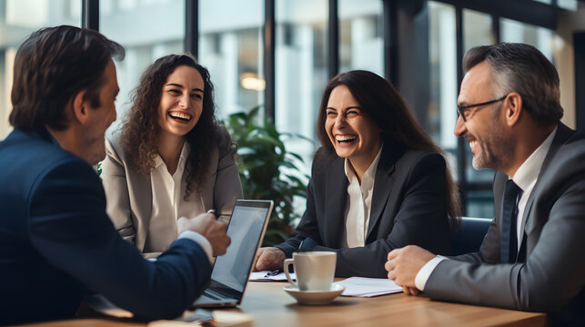 Business meeting under coleagues or business partners in a classic coffee house, laughing, company, meeting, business deal, jokes, coontracts, unternehmenskultur