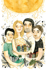 A family holding small houses and details from different countries from around the world