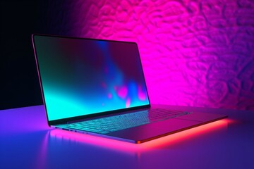 Laptop/notebook with white screen lit by gradient holographic lights in pink/blue/violet. Creative minimal office backdrop - pop art, conceptual art, 3D illustration. Generative AI
