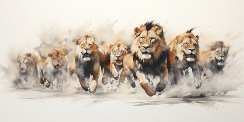Abstract painting of a herd of running wild lions, light background - obrazy, fototapety, plakaty