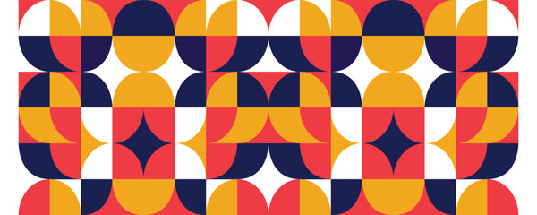 Abstract geometric mosaic pattern design. Geometric pattern vector background. Swiss geometry prints design. Simple circle square shapes. Modern banner bauhaus swiss style.