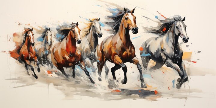 Abstract painting of a herd of running wild horses, light background