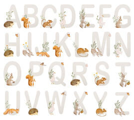 Watercolor alphabet with woodland animals and floral	. White letters with cute bunny, mouse, squirrel, hedgehog, bird.