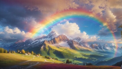 A colourful rainbow on the top higest mountain with beautiful view
