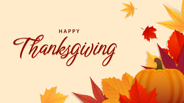 Happy thanksgiving text background with pumkins and leaves. Seasonal celebration design for greeting card, poster, banner. Vector illustration