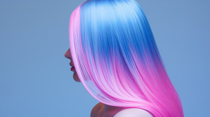 Female portrait with colorful or colourful blue and pink hair