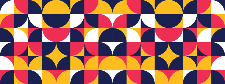 Abstract geometric mosaic seamless pattern background. Scandinavian style print design. Simple circle banner shapes. Modern banner bauhaus swiss style. 