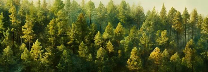 Nature symphony. Lush green pines forest serene summer morning view. Coniferous haven. Exploring evergreen beauty of pine from above