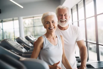 Papier Peint photo Fitness senior woman man exercise gym fitness couple sport healthy elderly health training active happy treadmill old fit mature female adult workout body vitality