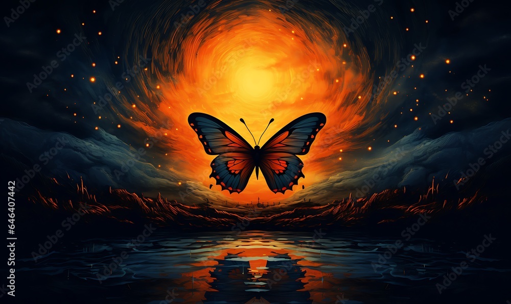 Wall mural an illustration shows the appearance of a butterfly, in the style of dark sky-orange and amber