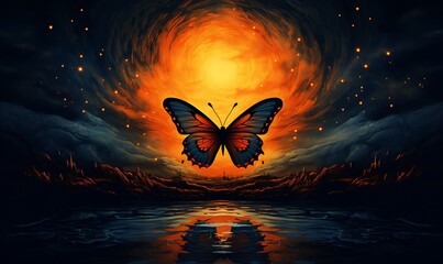 an illustration shows the appearance of a butterfly, in the style of dark sky-orange and amber