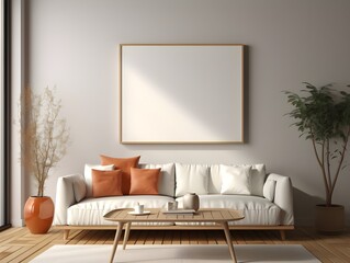 canvas mock up modern room, living room interior design, white walls, minimal  big windows, white empty frame on wall,large wall painted in a neutral color