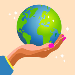 World kindness day. Random acts of kindness day emblem. Caring, responsibility, altruism of people. November 13. Hand is holding with care PLANET EARTH. Vector illustration. Global earth. Ecology them