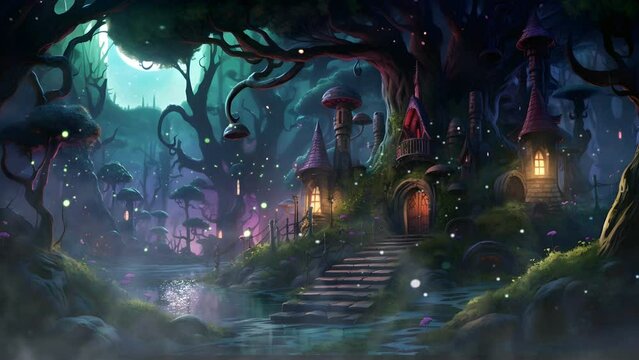 mistery fairy tale nightscape scene at the forest. seamless loop continous 4k animation landscape background