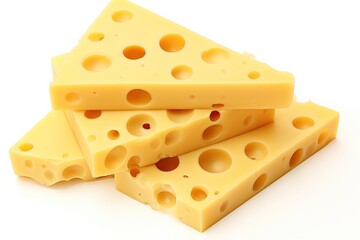 Swiss cheese, isolated on a clean white background, showcasing its distinctive holes and creamy texture for a deliciously appetizing look. Generative AI