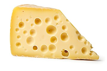 Swiss cheese, isolated on a clean white background, showcasing its distinctive holes and creamy texture for a deliciously appetizing look. Generative AI