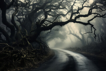 Obraz premium Mysterious dark forest with fog and road. Halloween concept.