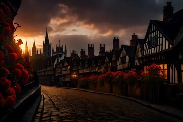 A panoramic view of London in 19’ century, with its cobblestone paths, timbered houses, and warm lantern light spilling from windows - AI Generative - obrazy, fototapety, plakaty