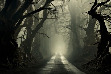 Obraz premium Mysterious spooky dark forest road with trees and fog.