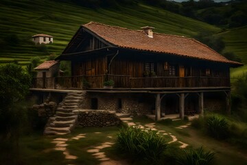 Fototapeta na wymiar A ruatic wooden house in a serene vellay - AI Generative