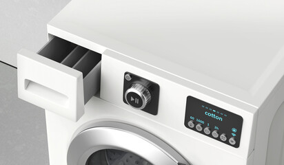 Modern washing machine with open detergent drawer