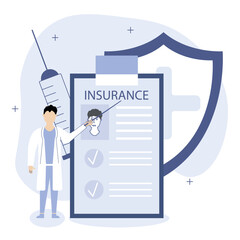Health insurance of illustration. The doctor character offers his patient a health insurance contract.  Medicine and healthcare concept. Vector illustration.