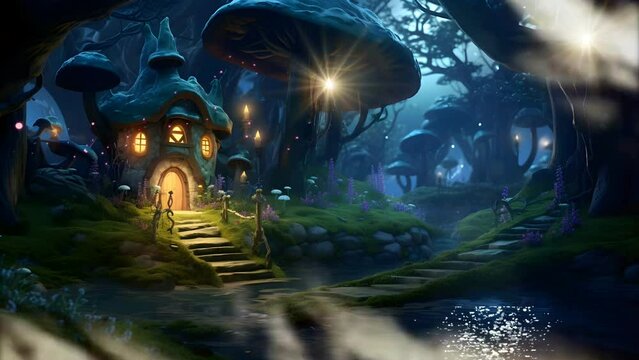 mistery fairy tale nightscape scene at the forest. seamless loop continous 4k animation landscape background