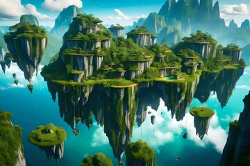 a surreal, fantasy landscape with floating islands suspended in the sky - AI Generative