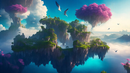 a surreal, fantasy landscape with floating islands suspended in the sky - AI Generative