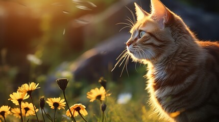 A cat sitting in a field of yellow flowers