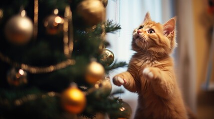 A cat reaching up to a christmas tree