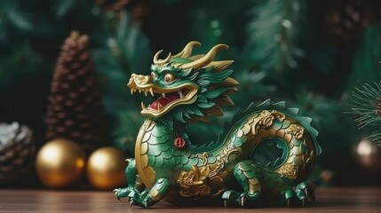 Fototapeta premium A green and gold dragon figurine sitting on top of a wooden table