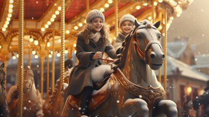 A couple of  little girls riding a merry go round horse
