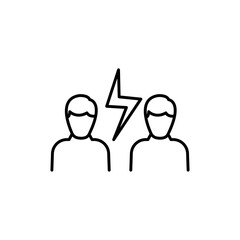 Two people and lightning voltage between them. onflict, discord , scandal. Vector linear icon isolated on white background.